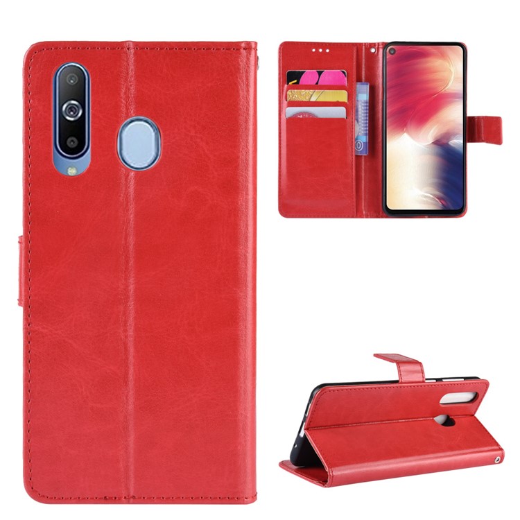 Crazy Horse Leather Wallet Case with Strap for Samsung Galaxy A40 - Red-1