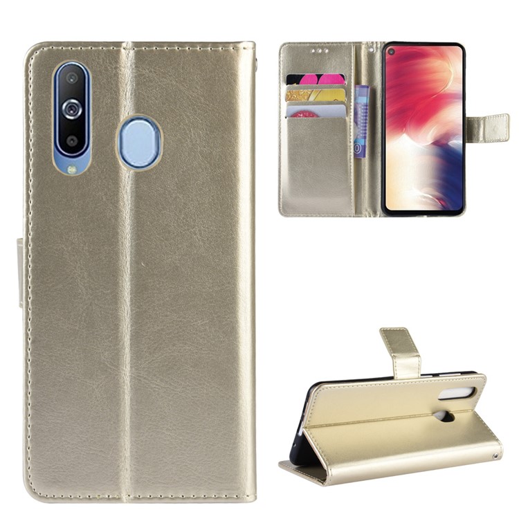 Crazy Horse Leather Wallet Case with Strap for Samsung Galaxy A40 - Gold-1