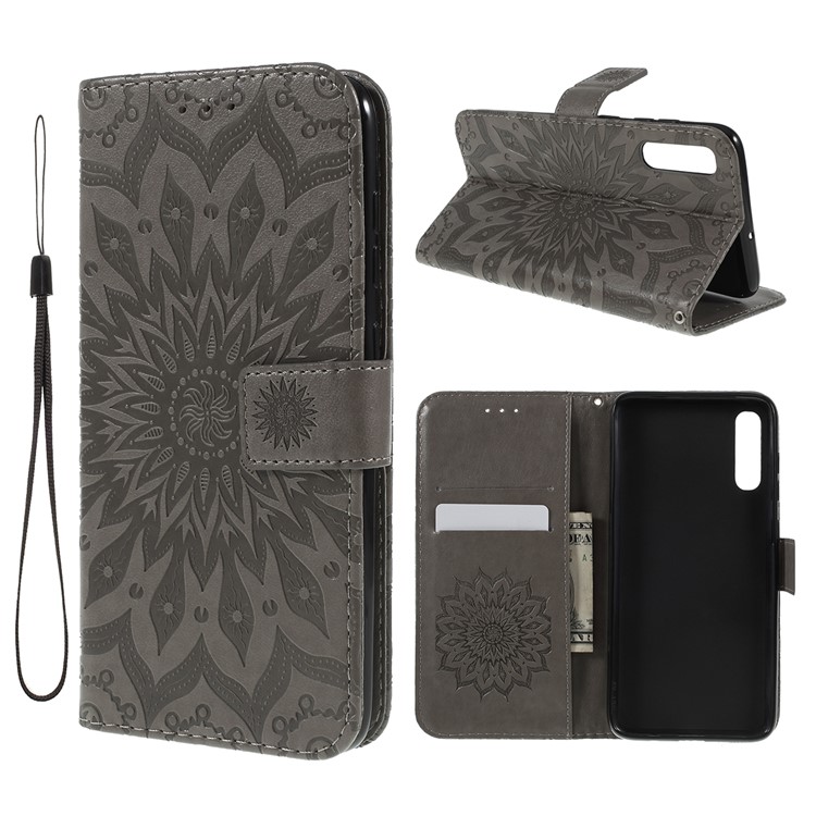 Estuche De Girasol PU Billetera De Cuero Cubierta Del Soporte Magnético Para Samsung Galaxy A70 - Gris-1