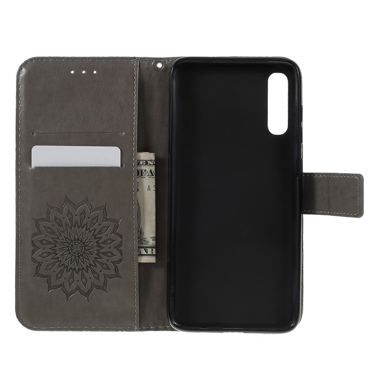 Estuche De Girasol PU Billetera De Cuero Cubierta Del Soporte Magnético Para Samsung Galaxy A70 - Gris-9