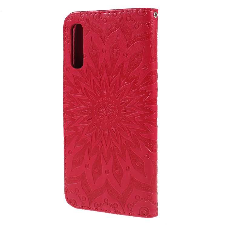 Imprint Sunflower PU Leather Wallet Magnetic Stand Cover for Samsung Galaxy A70 - Red-7