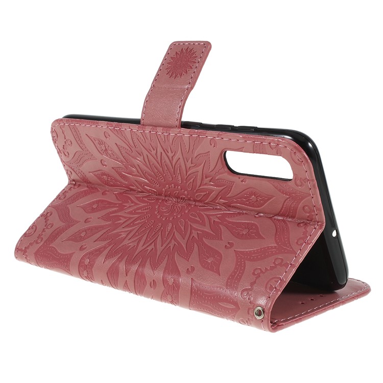 Imprint Sunflower PU Leather Wallet Magnetic Stand Cover for Samsung Galaxy A70 - Pink-3