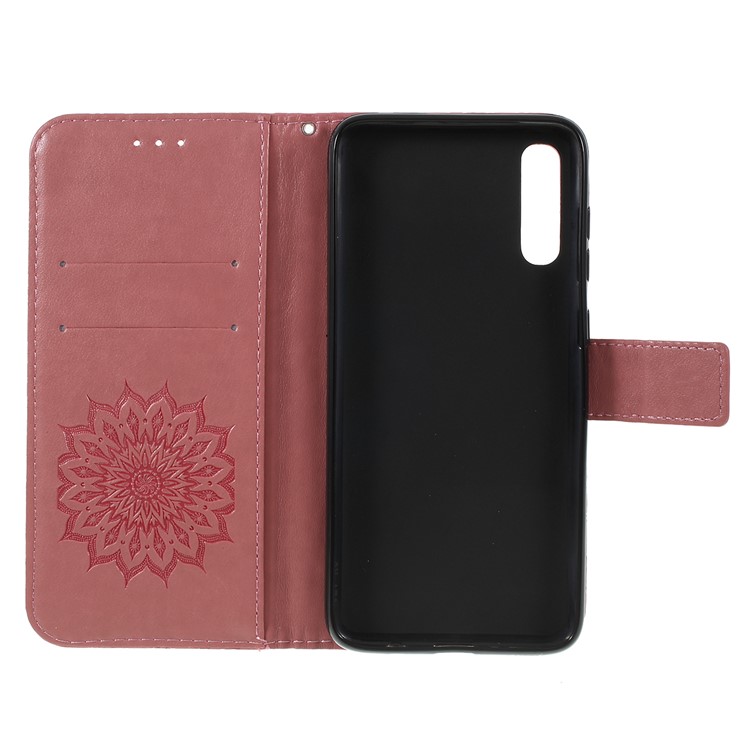 Imprint Sunflower PU Leather Wallet Magnetic Stand Cover for Samsung Galaxy A70 - Pink-4