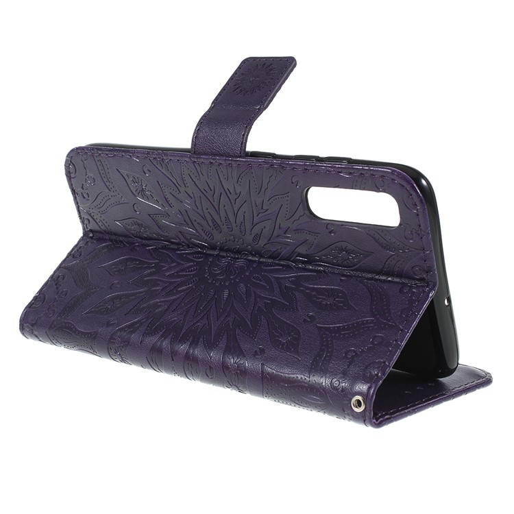 Imprint Sunflower PU Leather Wallet Magnetic Stand Cover for Samsung Galaxy A70 - Purple-3