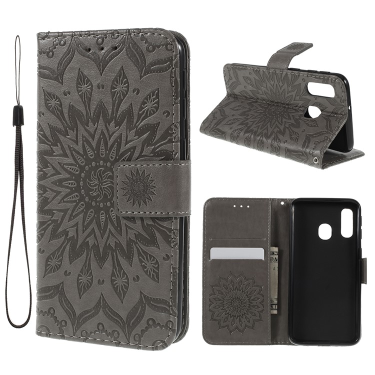 Imprint Sunflower Wallet Leather Stand Case for Samsung Galaxy A40 - Grey-1