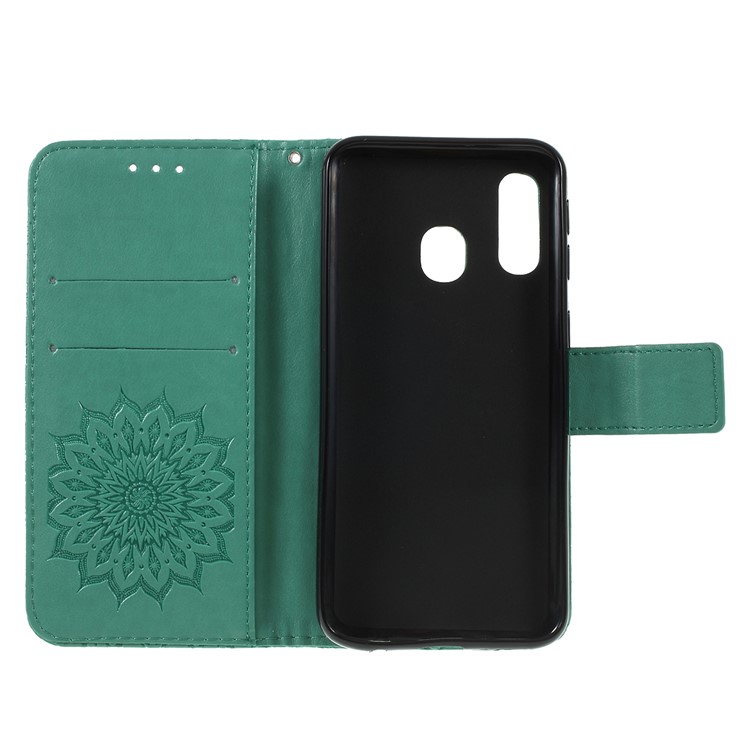 Imprint Sunflower Wallet Leather Stand Case for Samsung Galaxy A40 - Cyan-4