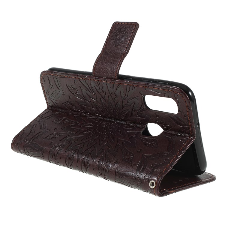 Imprint Sunflower Wallet Leather Stand Case for Samsung Galaxy A40 - Brown-3