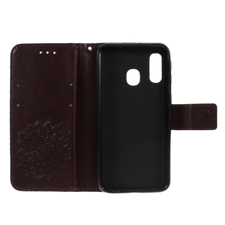 Imprint Sunflower Wallet Leather Stand Case for Samsung Galaxy A40 - Brown-4