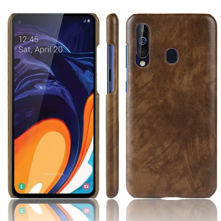 Litchi Texture PU Leather Coated Hard PC Phone Casing for Samsung Galaxy A60 - Brown-1