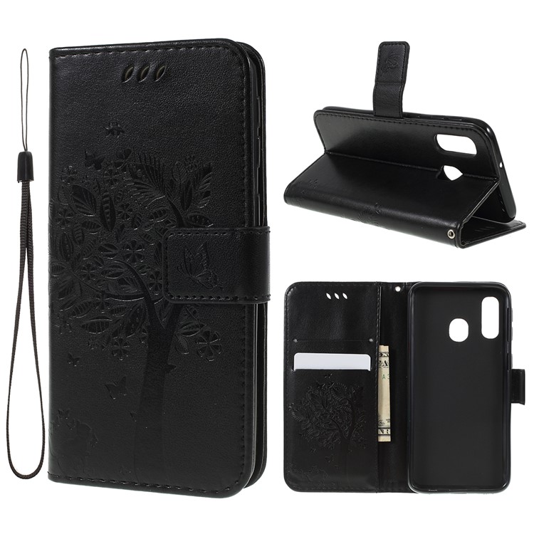 Imprint Cat and Tree Pattern Leather Wallet Case for Samsung Galaxy A40 - Black-1