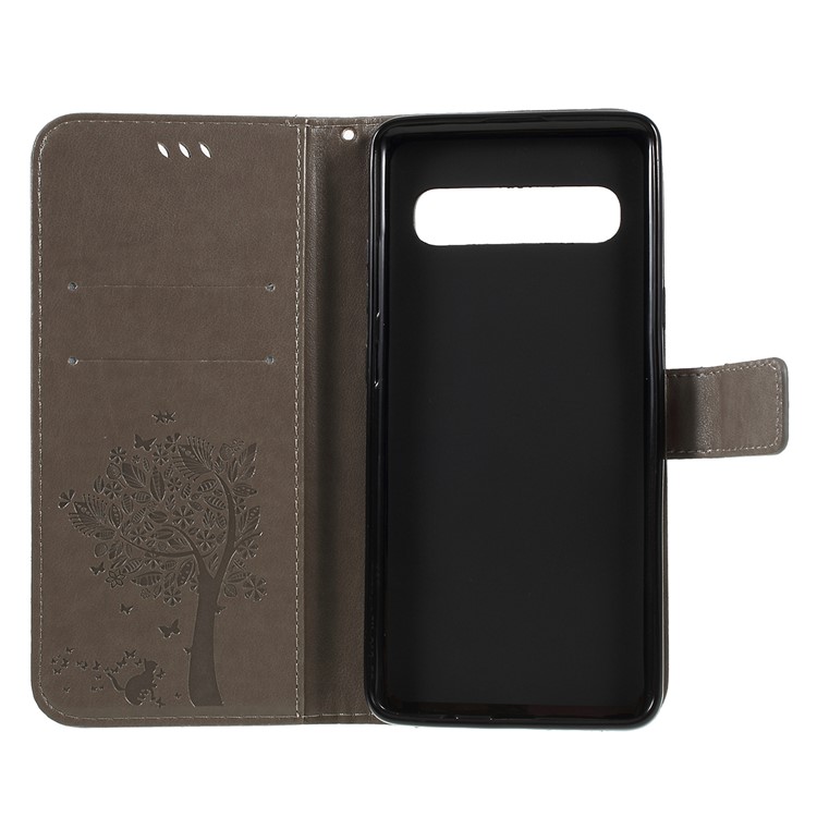 Imprint Cat and Tree Wallet Stand PU Leather Case for Samsung Galaxy S10 5G - Grey-4