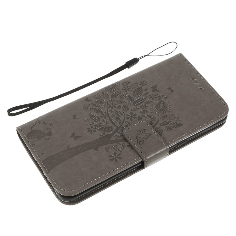 Imprint Cat and Tree Wallet Stand PU Leather Case for Samsung Galaxy S10 5G - Grey-7