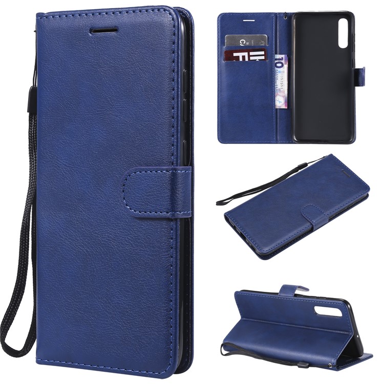 PU Leather Wallet Stand Protective Cover with Strap for Samsung Galaxy A70 - Blue-1