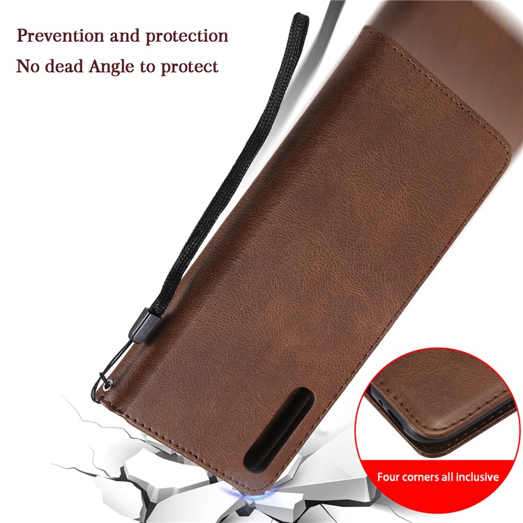 PU Leather Wallet Stand Protective Cover with Strap for Samsung Galaxy A70 - Brown-11