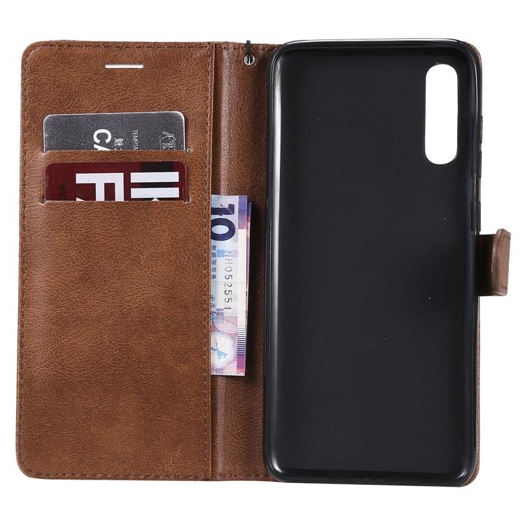 PU Leather Wallet Stand Protective Cover with Strap for Samsung Galaxy A70 - Brown-4