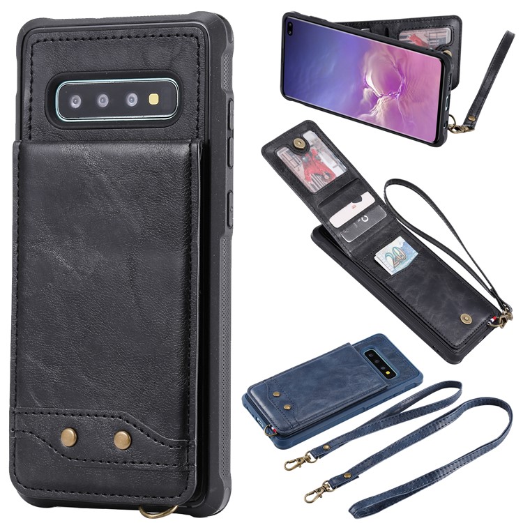 Kickstand PU Leather Coated TPU Phone Cover with Card Holders for Samsung Galaxy S10 Plus - Black-1