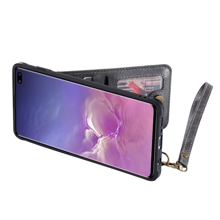 Kickstand PU Leather Coated TPU Phone Cover with Card Holders for Samsung Galaxy S10 Plus - Grey-5