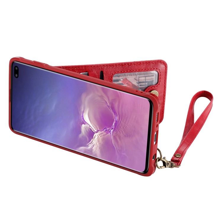Kickstand PU Leather Coated TPU Phone Cover with Card Holders for Samsung Galaxy S10 Plus - Red-5