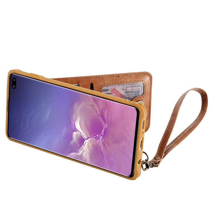 Kickstand PU Leather Coated TPU Phone Cover with Card Holders for Samsung Galaxy S10 Plus - Brown-5