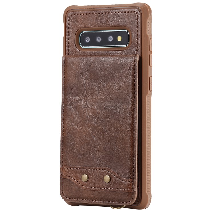Kickstand PU Leather Coated TPU Phone Cover with Card Holders for Samsung Galaxy S10 Plus - Coffee-2