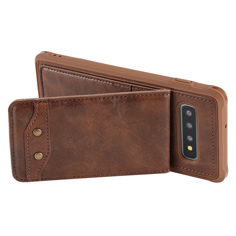 Kickstand PU Leather Coated TPU Phone Cover with Card Holders for Samsung Galaxy S10 Plus - Coffee-4