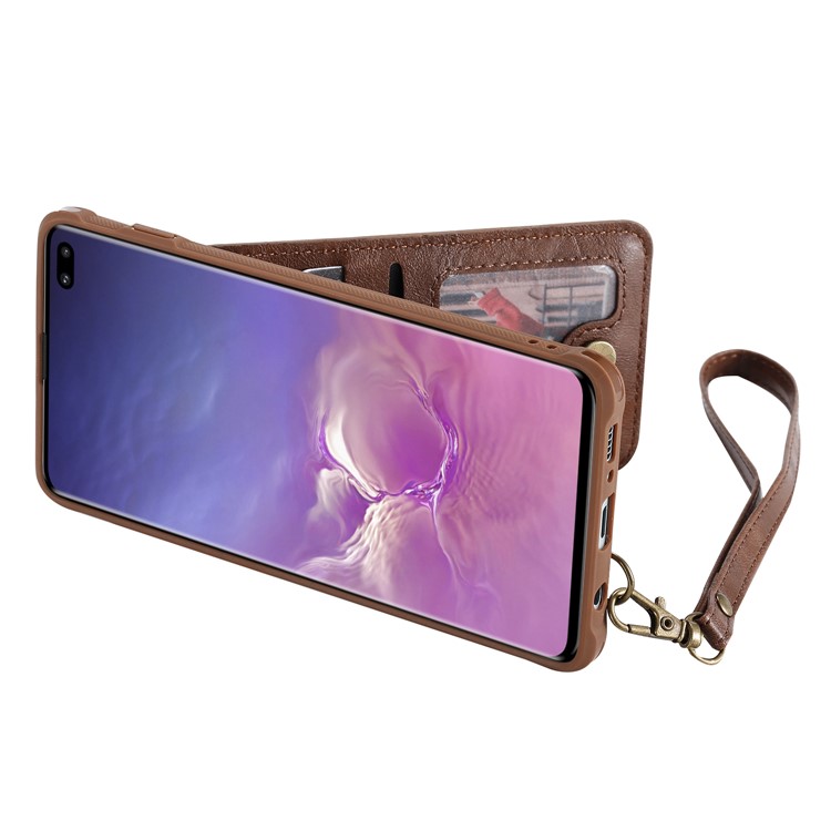 Kickstand PU Leather Coated TPU Phone Cover with Card Holders for Samsung Galaxy S10 Plus - Coffee-5