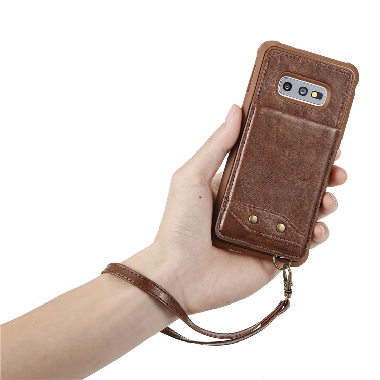 Kickstand PU Leather Coated TPU Phone Cover with Card Holders for Samsung Galaxy S10e - Coffee-6