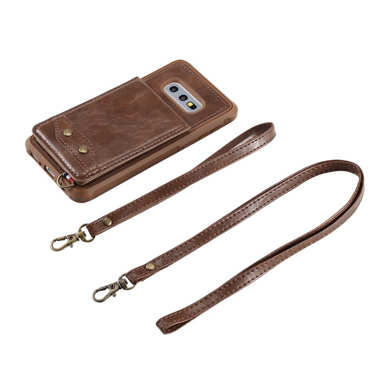 Kickstand PU Leather Coated TPU Phone Cover with Card Holders for Samsung Galaxy S10e - Coffee-7