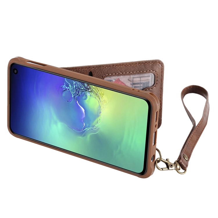 Kickstand PU Leather Coated TPU Phone Cover with Card Holders for Samsung Galaxy S10e - Coffee-9