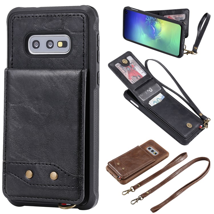 Kickstand PU Leather Coated TPU Phone Cover with Card Holders for Samsung Galaxy S10e - Black-1