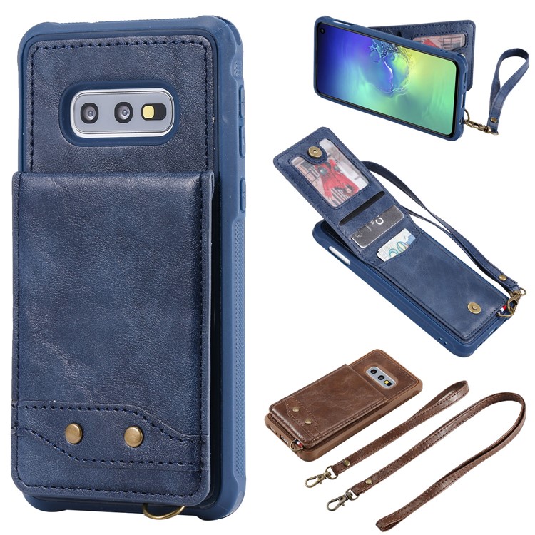 Kickstand PU Leather Coated TPU Phone Cover with Card Holders for Samsung Galaxy S10e - Dark Blue-1