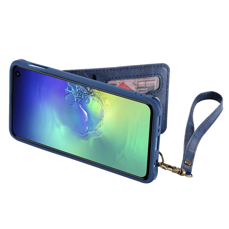 Kickstand PU Leather Coated TPU Phone Cover with Card Holders for Samsung Galaxy S10e - Dark Blue-5