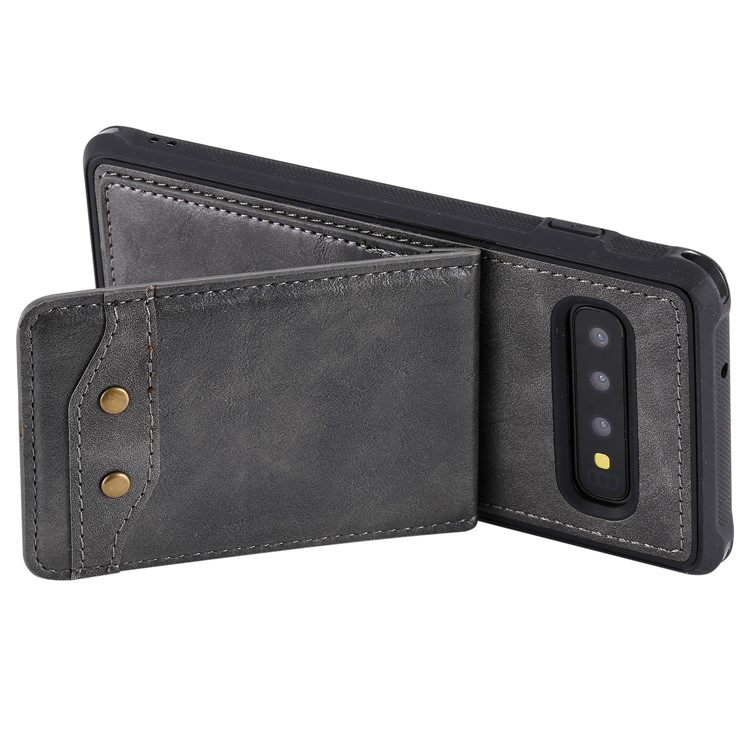 Kickstand PU Leather Coated TPU Phone Cover with Card Holders for Samsung Galaxy S10 - Grey-5
