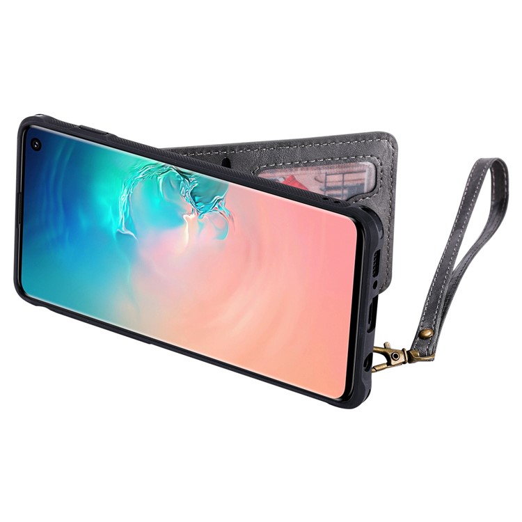 Kickstand PU Leather Coated TPU Phone Cover with Card Holders for Samsung Galaxy S10 - Grey-6