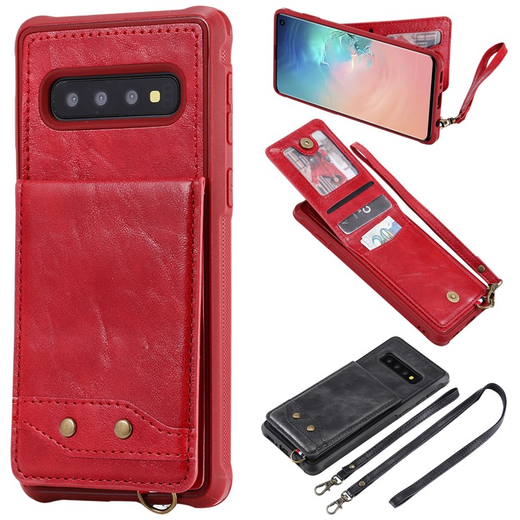 Kickstand PU Leather Coated TPU Phone Cover with Card Holders for Samsung Galaxy S10 - Red-1