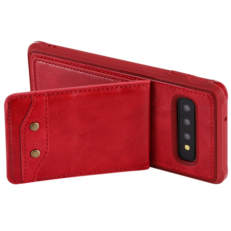 Kickstand PU Leather Coated TPU Phone Cover with Card Holders for Samsung Galaxy S10 - Red-5