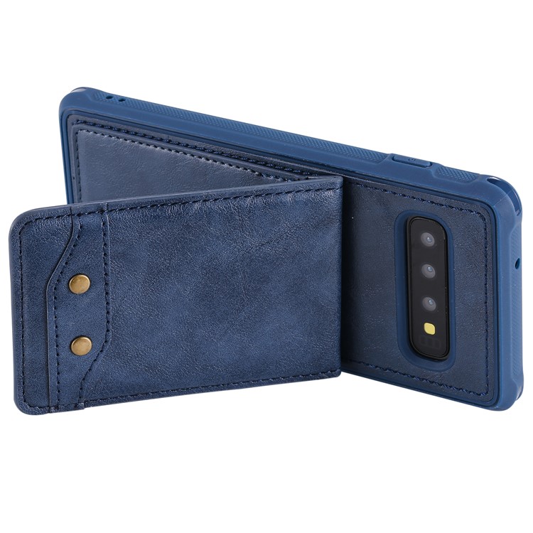 Kickstand PU Leather Coated TPU Phone Cover with Card Holders for Samsung Galaxy S10 - Dark Blue-5