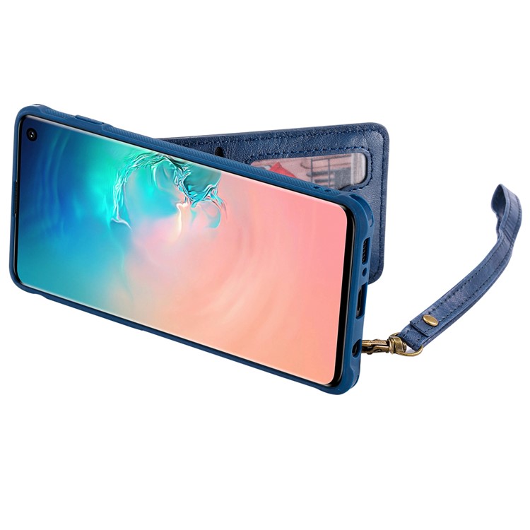 Kickstand PU Leather Coated TPU Phone Cover with Card Holders for Samsung Galaxy S10 - Dark Blue-6