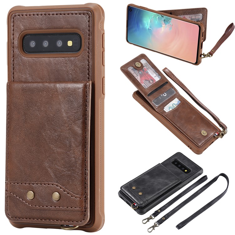 

Kickstand PU Leather Coated TPU Phone Cover with Card Holders for Samsung Galaxy S10 - Coffee, Galaxy S10