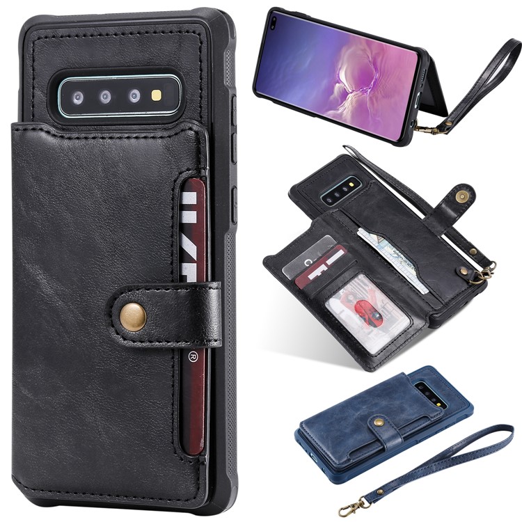 PU Leather Coated TPU Case Wallet Kickstand Case for Samsung Galaxy S10 Plus - Black-1