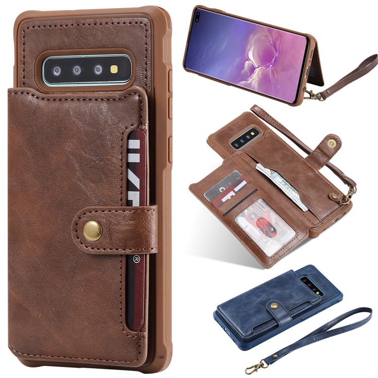PU Leather Coated TPU Case Wallet Kickstand Case for Samsung Galaxy S10 Plus - Coffee-1