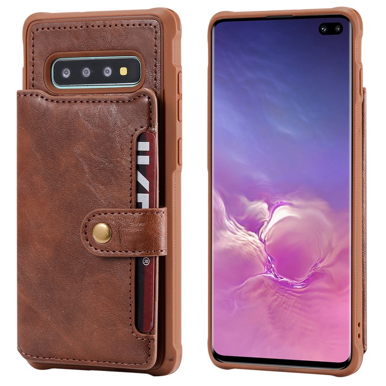 PU Leather Coated TPU Case Wallet Kickstand Case for Samsung Galaxy S10 Plus - Coffee-2