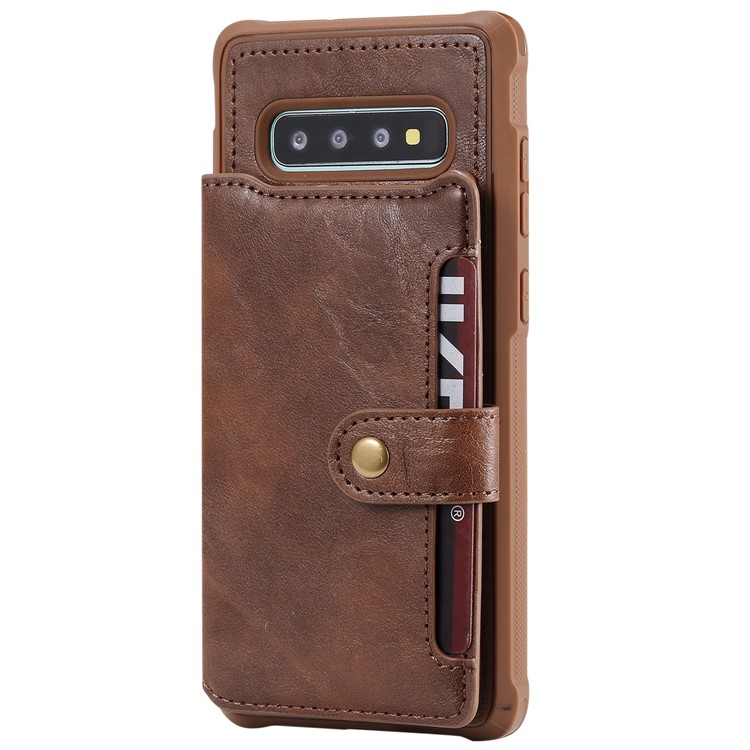 PU Leather Coated TPU Case Wallet Kickstand Case for Samsung Galaxy S10 Plus - Coffee-3