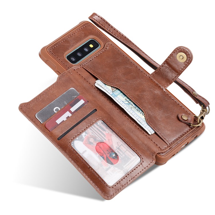 PU Leather Coated TPU Case Wallet Kickstand Case for Samsung Galaxy S10 Plus - Coffee-5