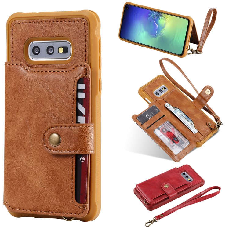 PU Leather Coated TPU Case Wallet Kickstand Case for Samsung Galaxy S10e - Brown-1