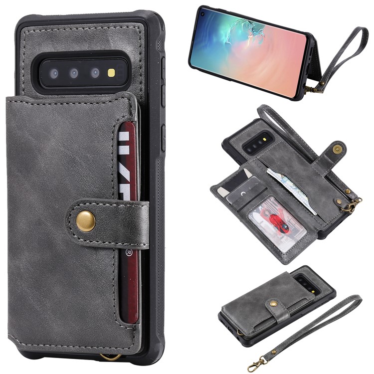 PU Leather Coated TPU Case Wallet Kickstand Case for Samsung Galaxy S10 - Grey-1