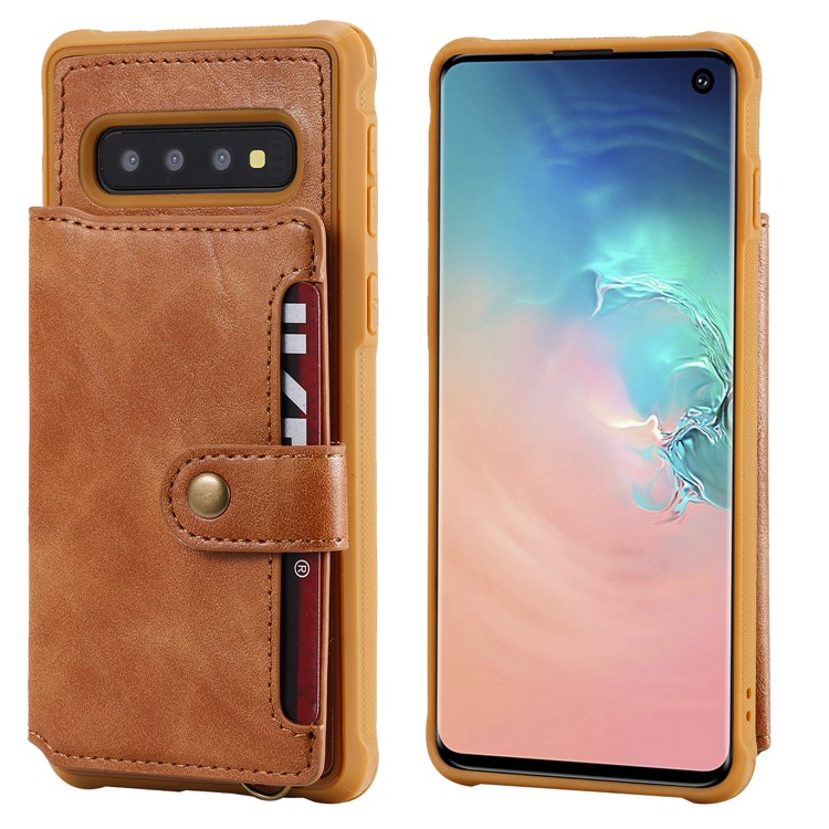 PU Leather Coated TPU Case Wallet Kickstand Case for Samsung Galaxy S10 - Brown-2