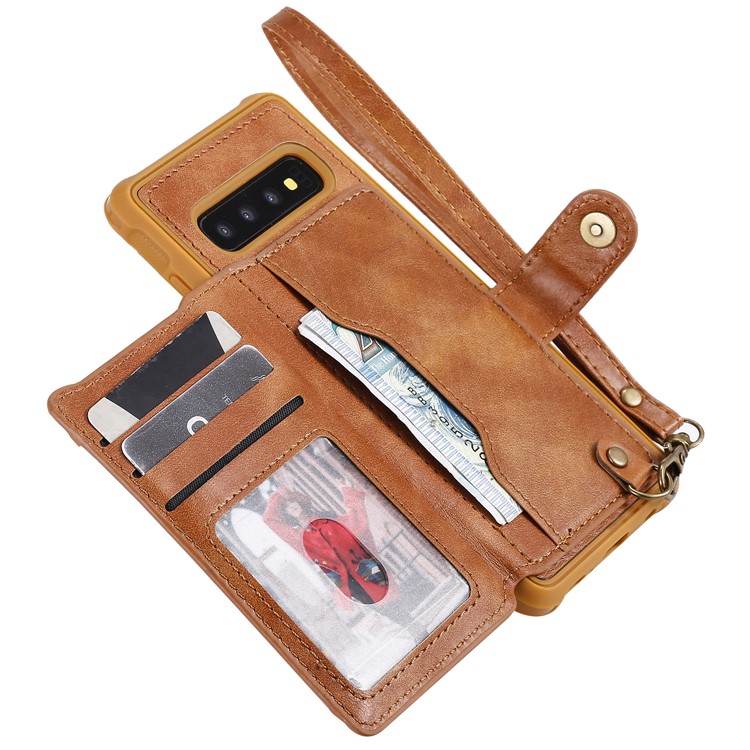 PU Leather Coated TPU Case Wallet Kickstand Case for Samsung Galaxy S10 - Brown-7