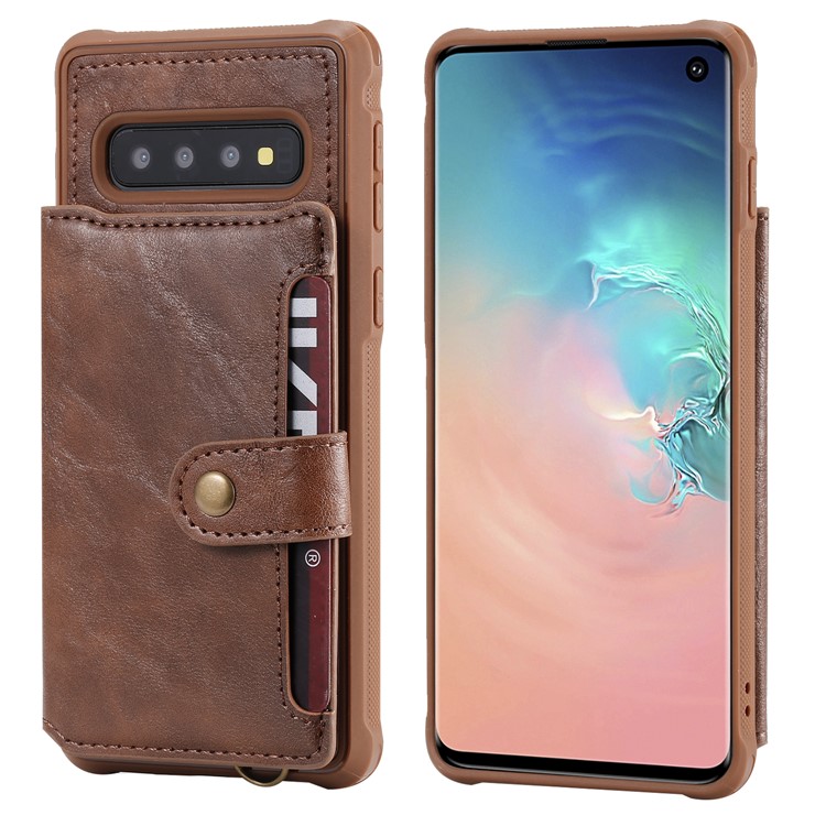 PU Leather Coated TPU Case Wallet Kickstand Case for Samsung Galaxy S10 - Coffee-2