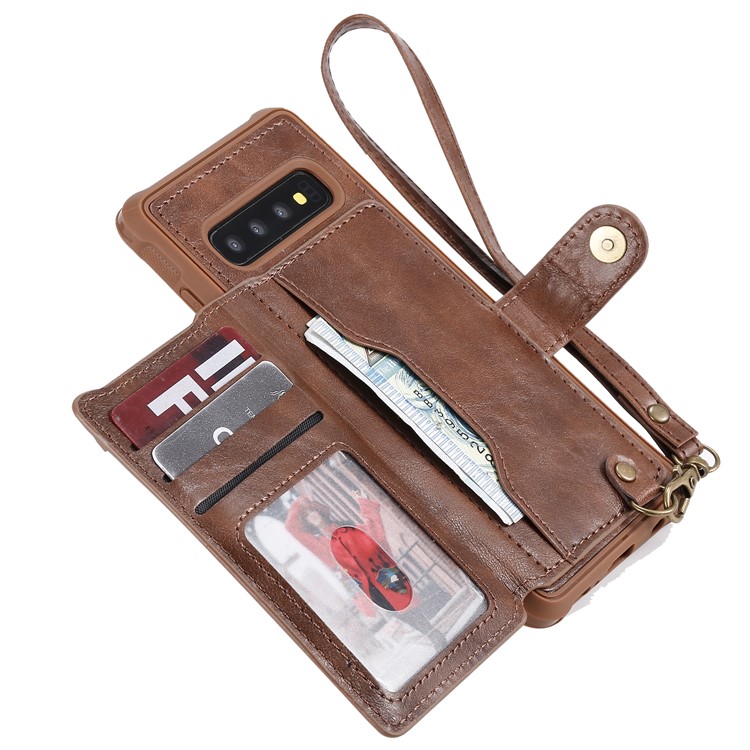 PU Leather Coated TPU Case Wallet Kickstand Case for Samsung Galaxy S10 - Coffee-7